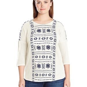 Lucky Brand Women's White Geo Embroidered Round‎ Neck Longsleeve Top Plus 3X